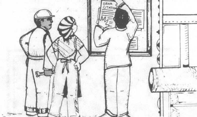 Black and white drawing of women hanging up document on corkboard in workplace