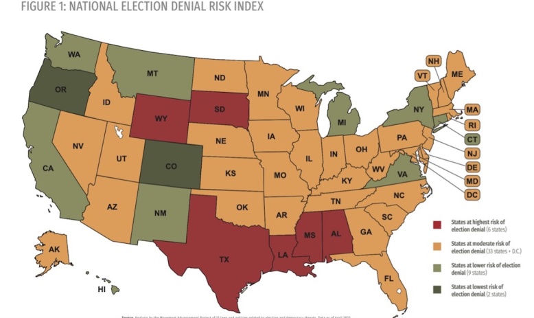 Movement Advancement Project map of states' risk of election denial