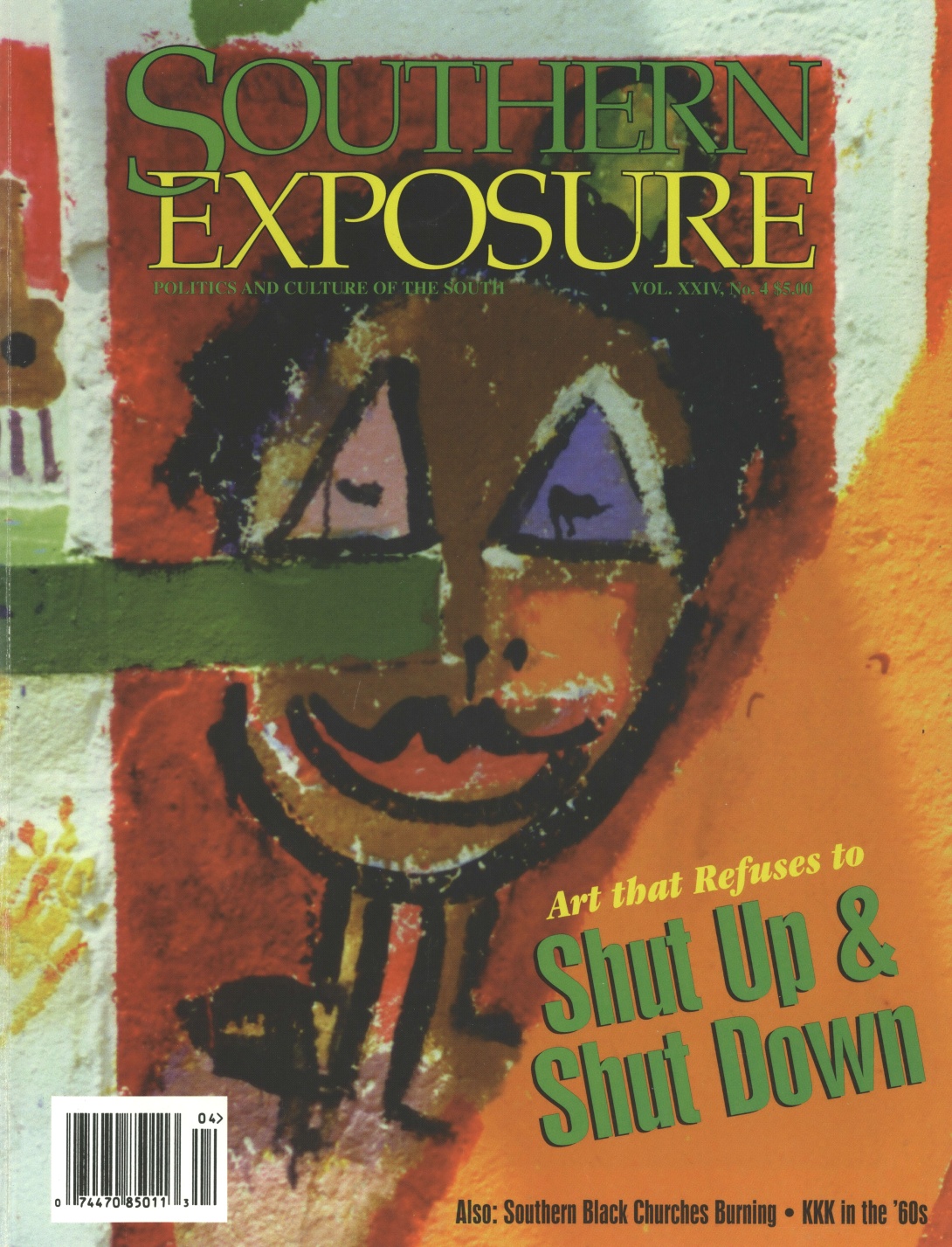 Magazine cover with painting as background, text reads "Art that refuses to shut up & shut down"