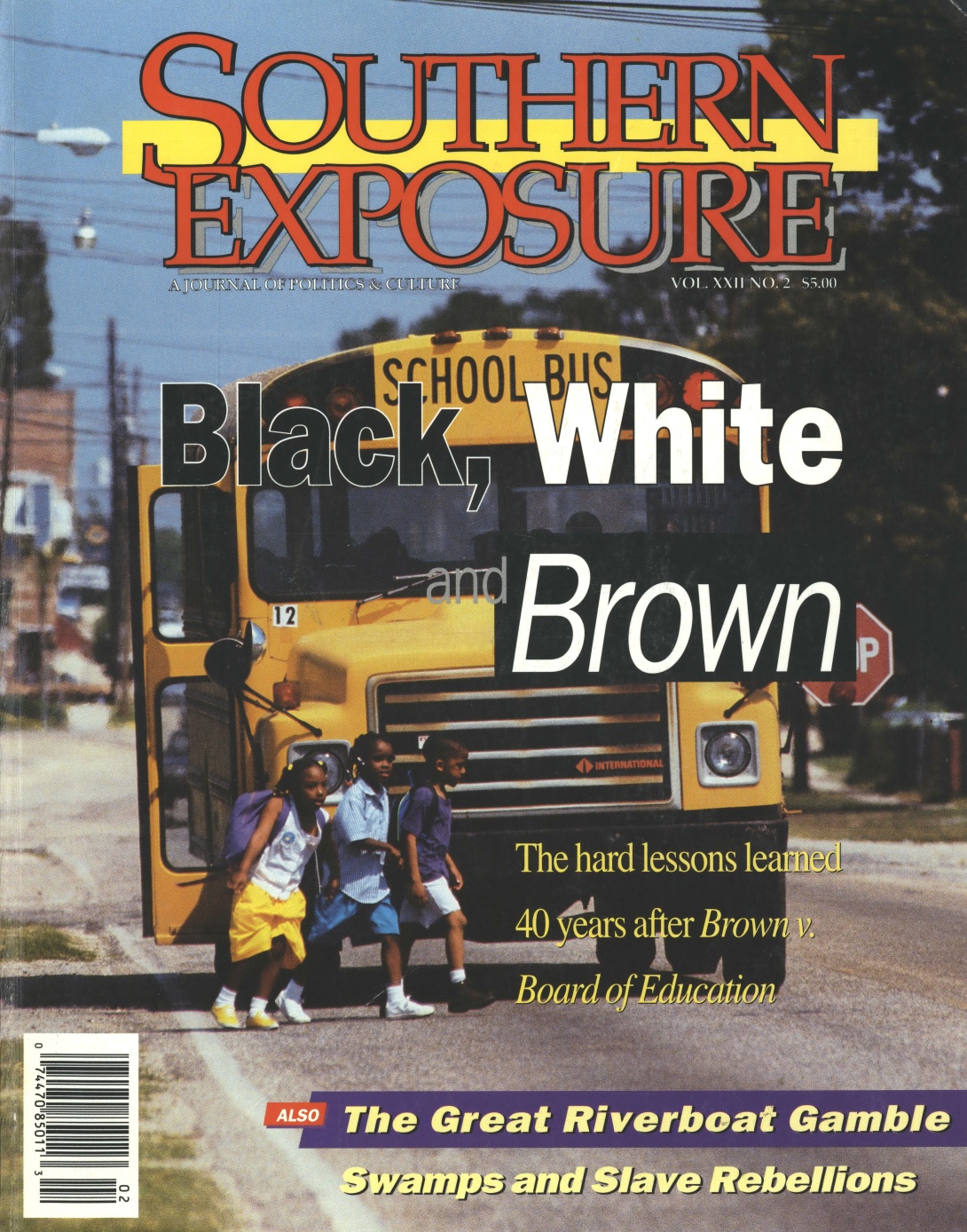 Magazine cover with photo of children running off a school bus, reading "Black, White and Borwn: The hard lessons learned 40 years after Brown v. Board of Education"