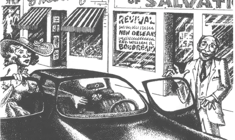 Drawing of streetscape with two people in Sunday best getting into their car