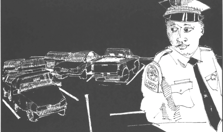 Black and white drawing of police officer looking sideways at several cop cars behind him