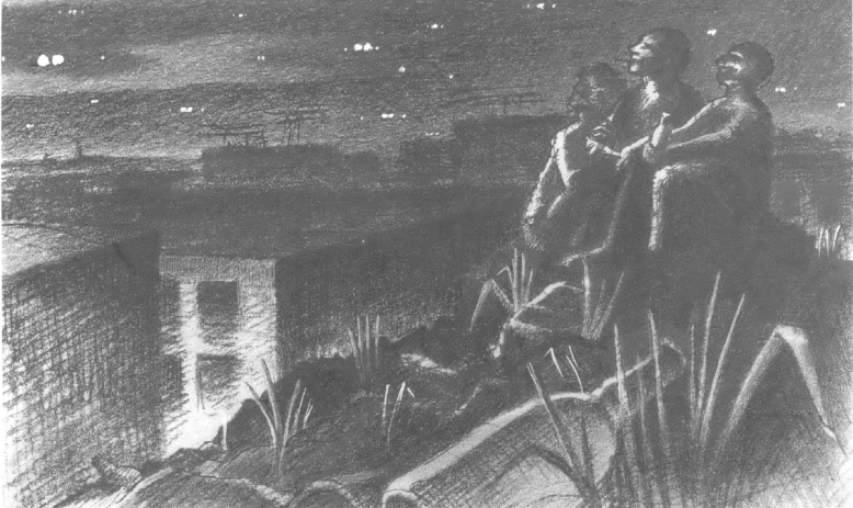 Drawing of people watching the night sky on a hilltop