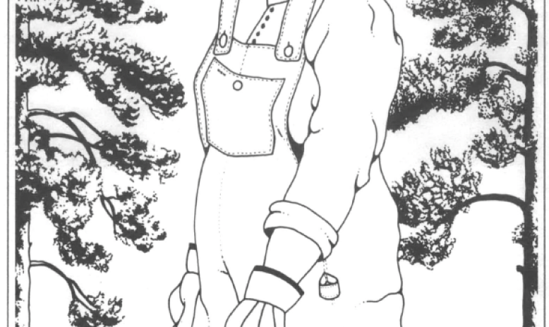 Drawing of a short haired woman in overalls with a beanie long sleeve, holding two pales and walking, trees on either side of her