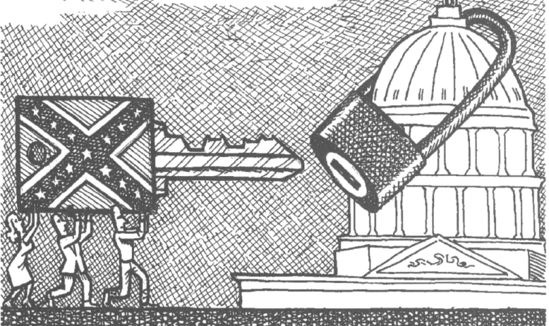 Political cartoon showing key with Confederate flag on it marched towards a lock around the US Capitol
