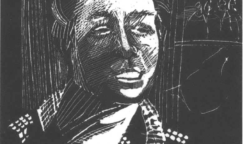 woodcut of smiling person in collared shirt