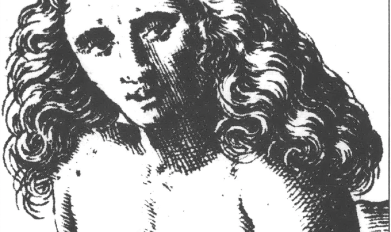 Drawing portrait of a bare chested person long hair looking expressively