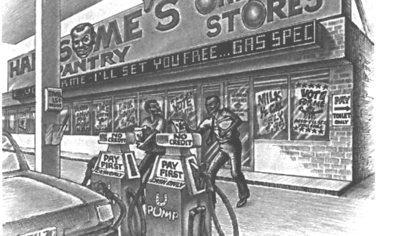 Sketch of gas station and one-stop store