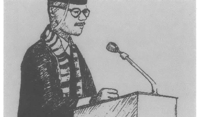 Sketch of young Black man in glasses and graduation robes and hat giving a speech at a lectern