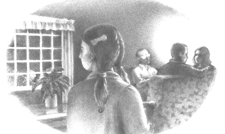 Drawing of young girl looking around in a room