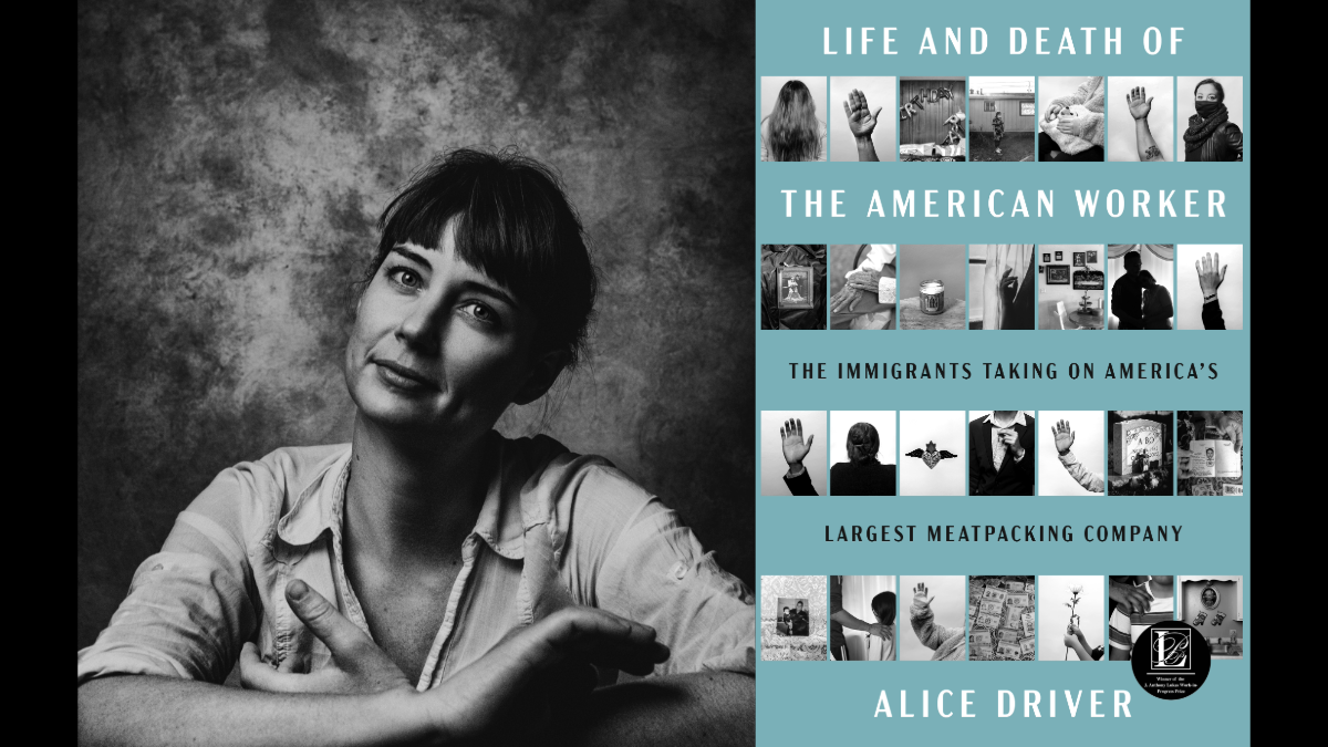 Black and white photo of woman looking into camera with arms crossed, next to an image of a light blue book cover that reads "Life and Death of the American Worker"