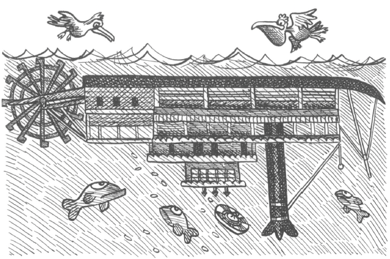 drawing of a sunk steam ship upside down under water fishes swiming 