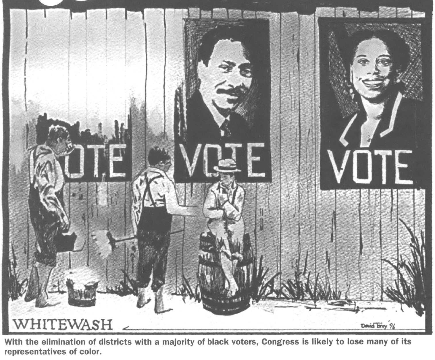 Drawing of people whitewashing fence over posters that read Vote