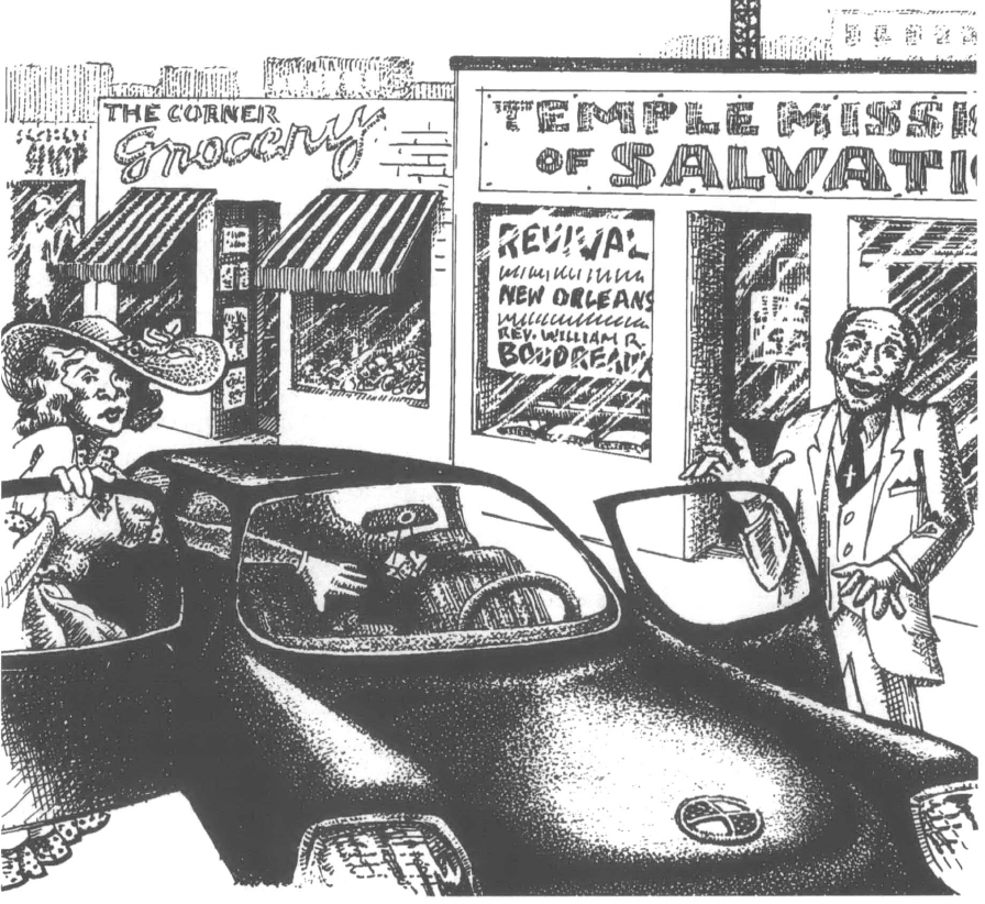 Drawing of streetscape with two people in Sunday best getting into their car