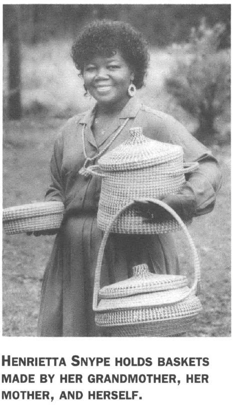 Henrietta Spees holds baskets made by her grandmother, her mother, and herself