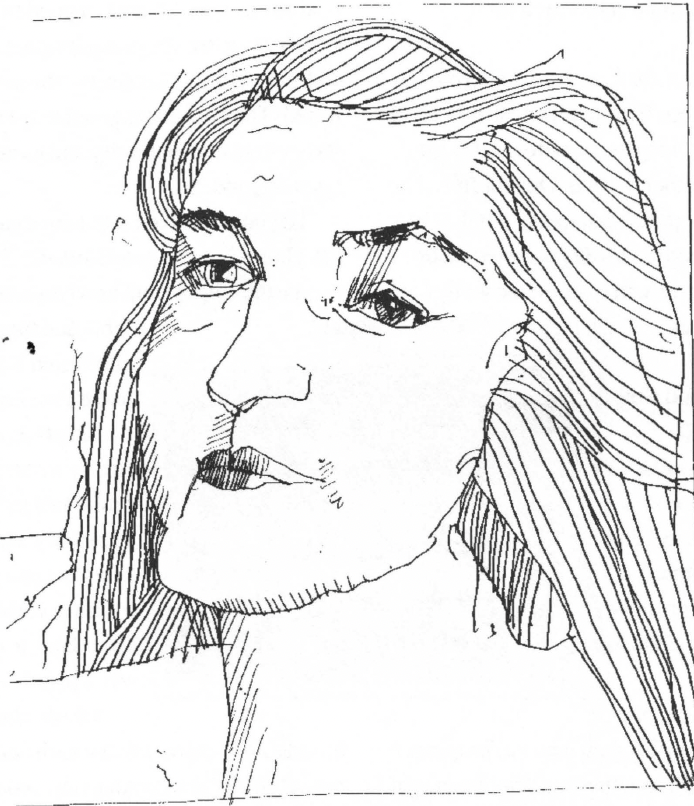 Black and white sketch of angular woman's face looking away from page