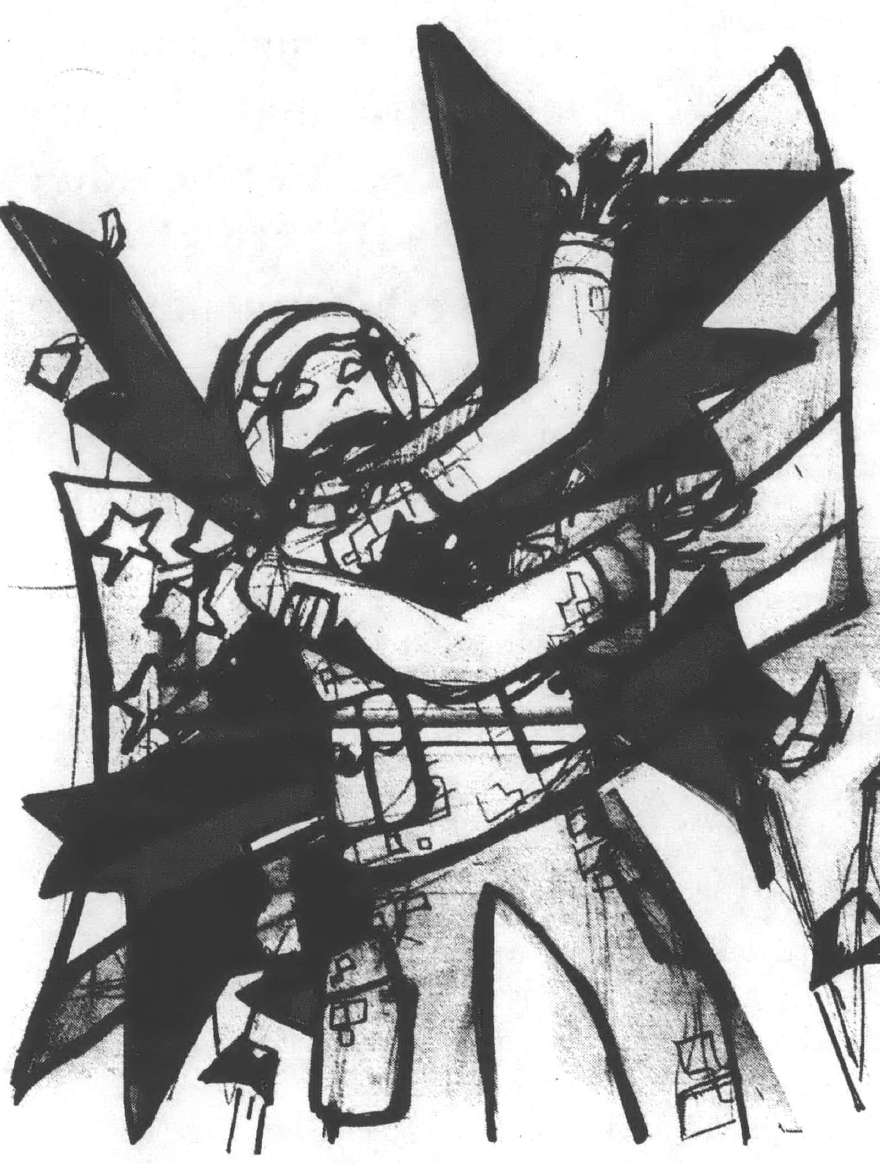 Drawing of soldier in front of flag 
