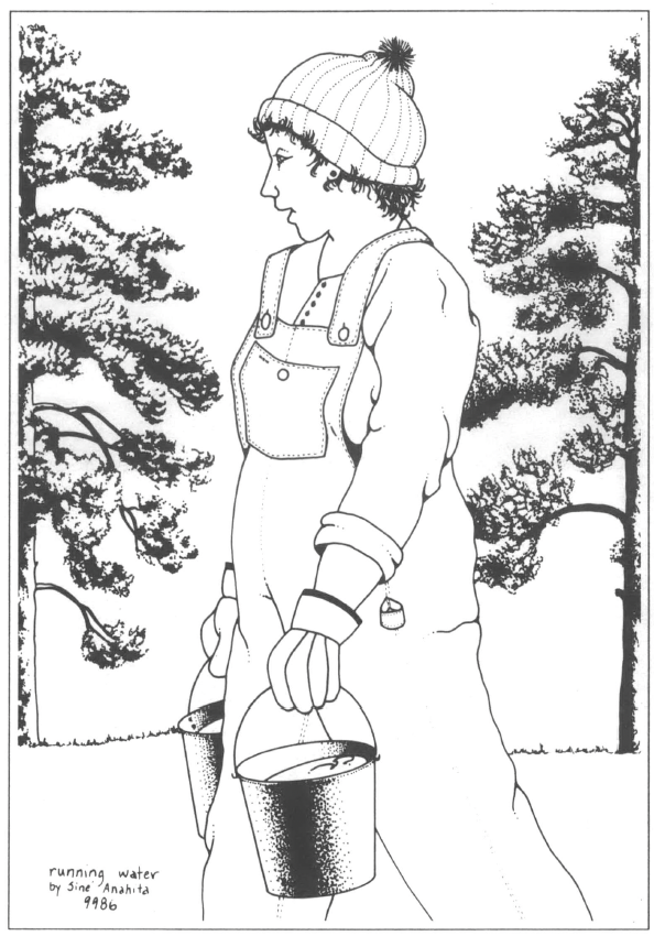 Drawing of a short haired woman in overalls with a beanie long sleeve, holding two pales and walking, trees on either side of her
