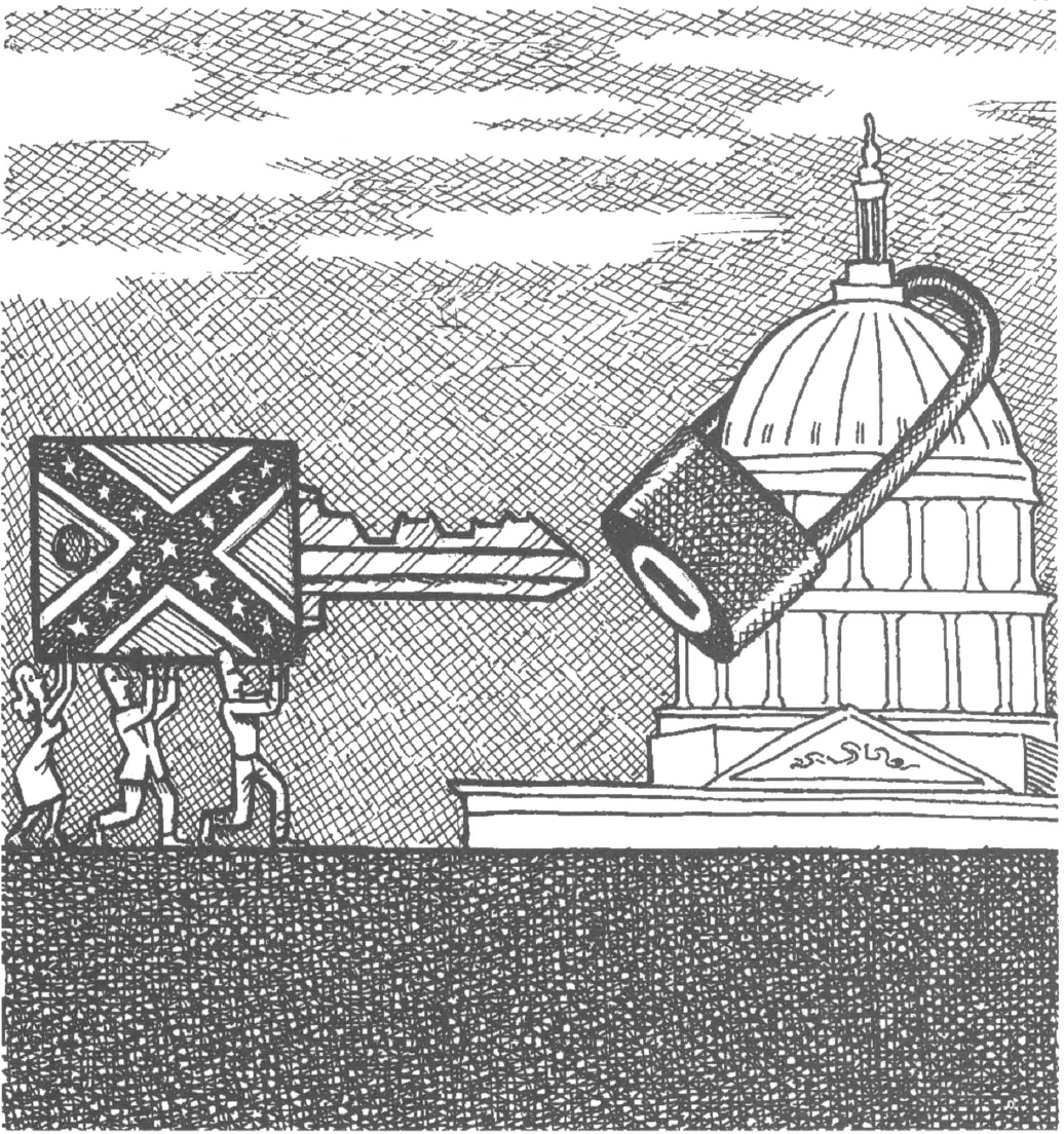 Political cartoon showing key with Confederate flag on it marched towards a lock around the US Capitol