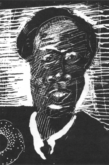 Black and white woodcut portrait of Black man