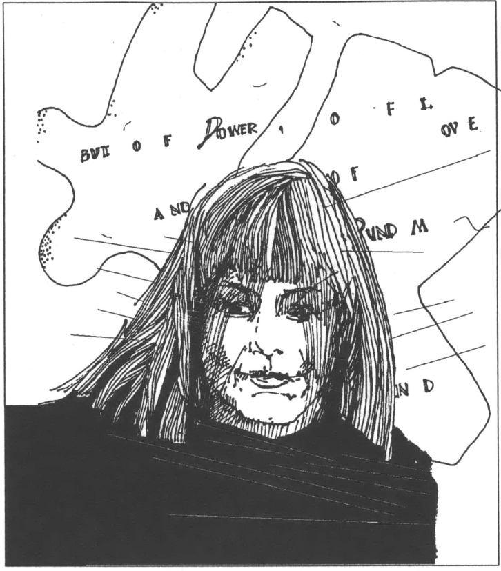 Drawing of a woman wearing a black top bangs long hair and a abstract shap behind 