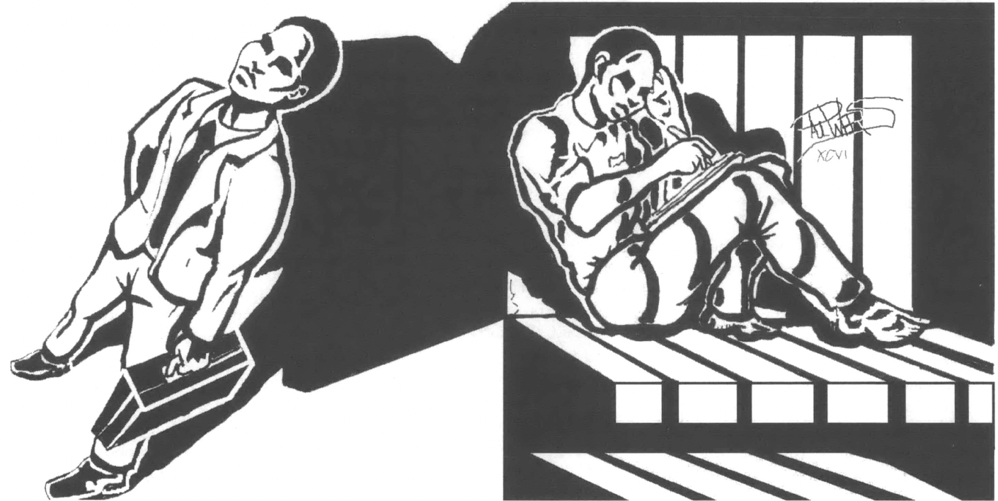 Drawing of two Black men, one inside a cell and one outside, in a suit and holding a briefcase