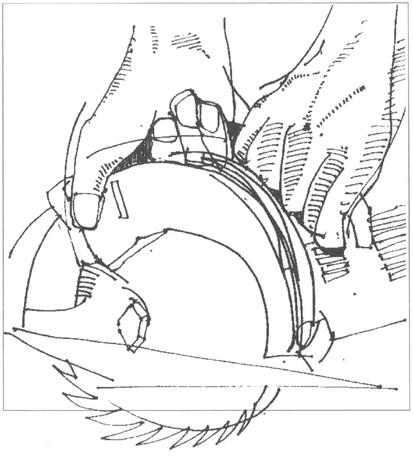 Sketch of hands pushing table saw