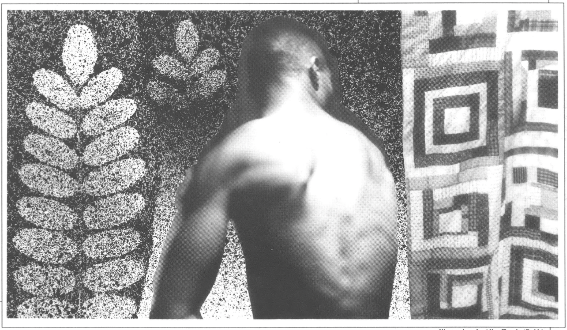 Collage/Illustration, impression of a leaf, a man naked from the back turned to the right, a quilt of square patters