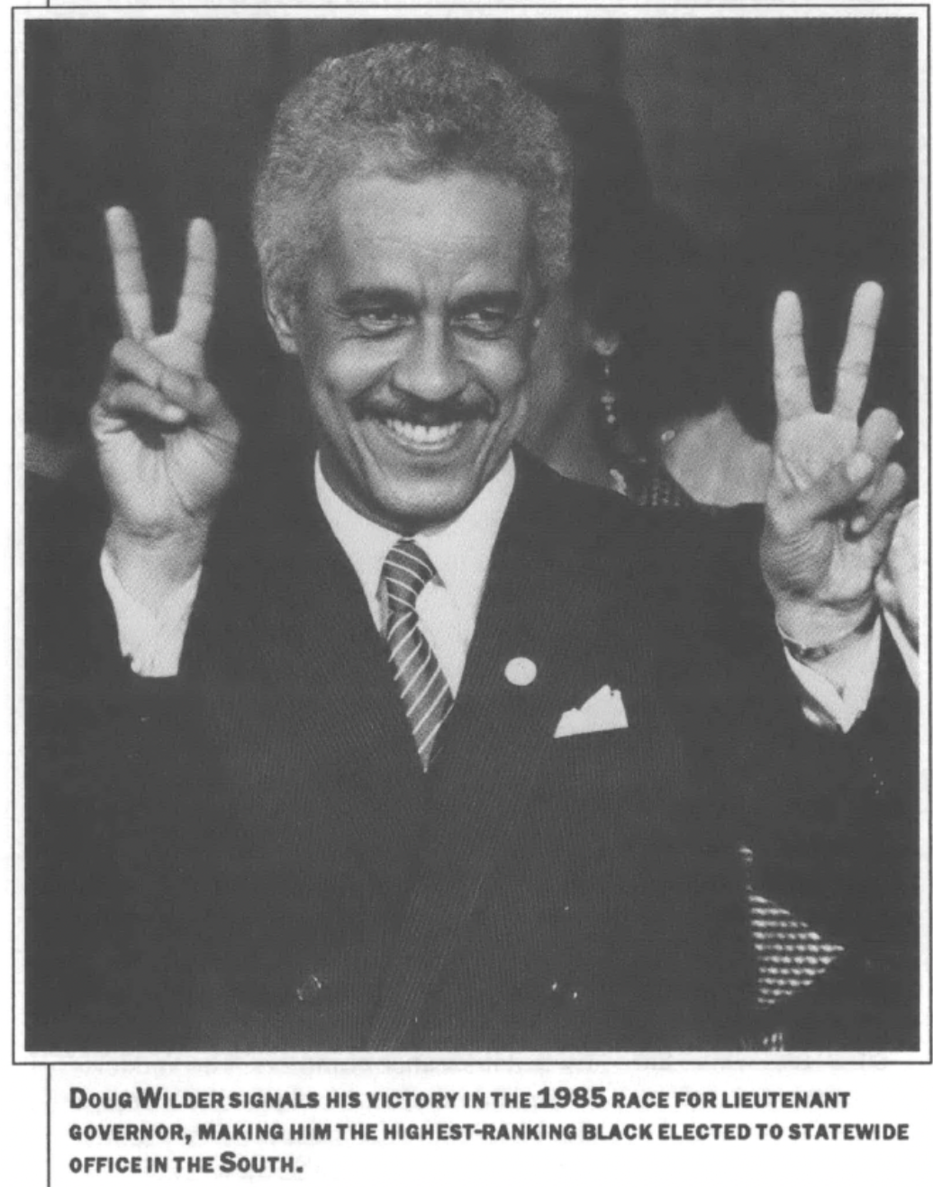 Doug Wilder throwing up two peace signs after winning 1985 lieutenant governor race