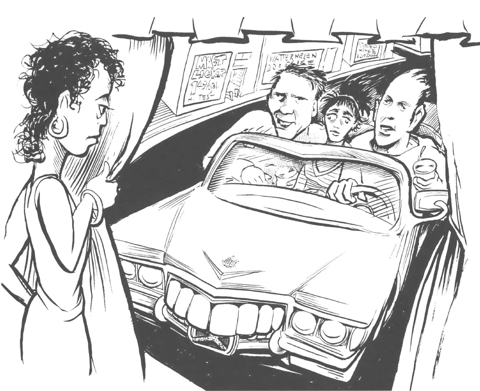 Sketch of woman watching a group of men in a car