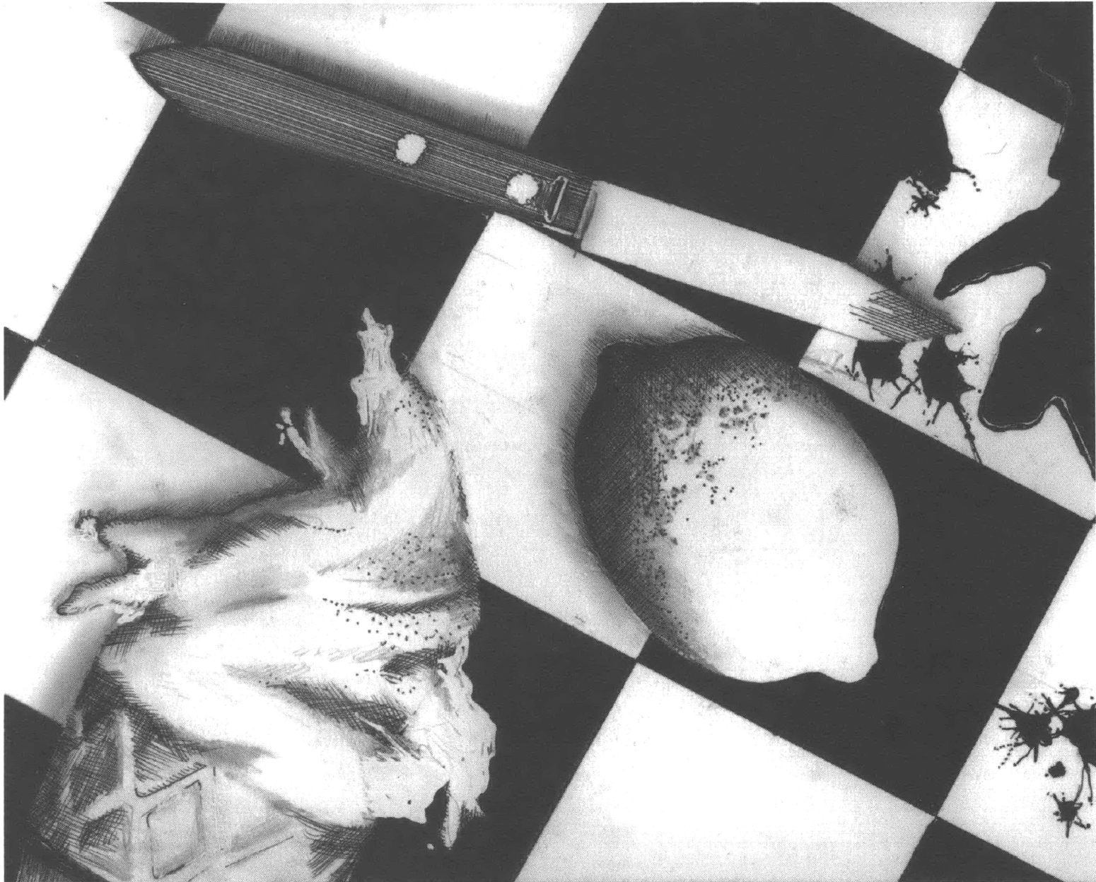 Drawing of fruit on a checkered counter