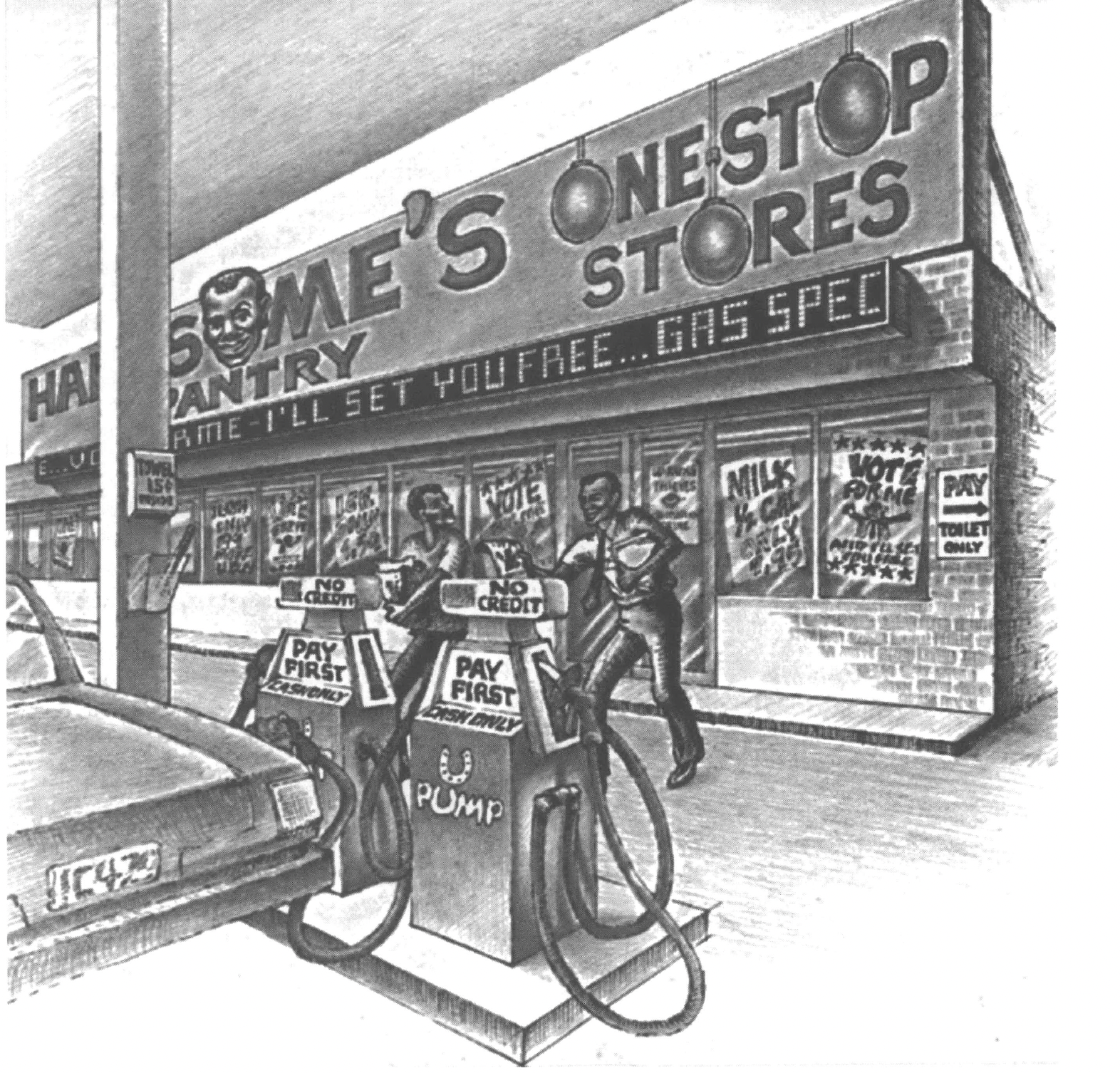 Sketch of gas station and one-stop store