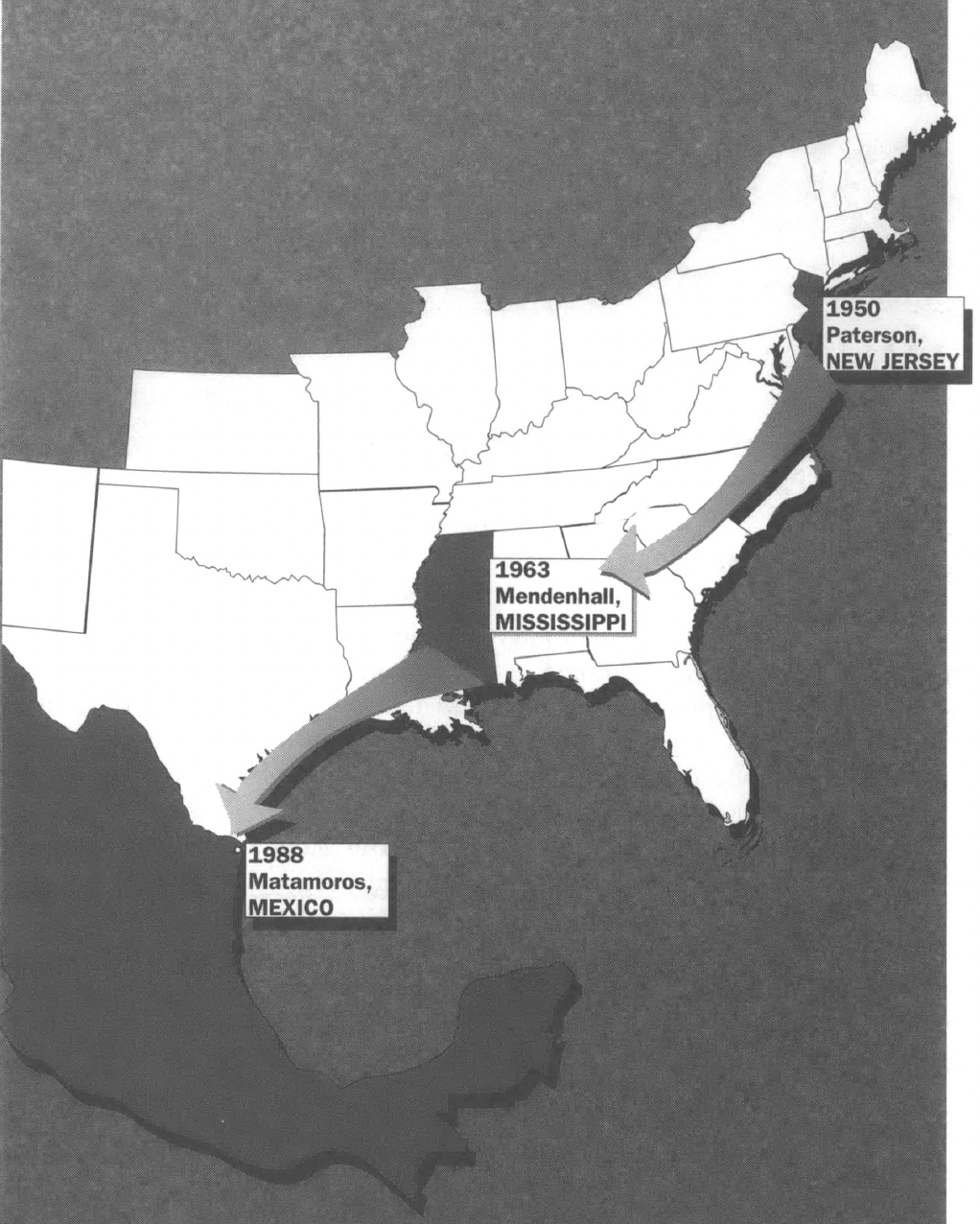 Map showing factory moving down the east coast and eventually across the Texas border