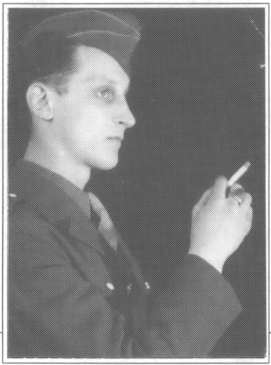 black and white photo, profile of a man in military suit, holding a cigarrette up
