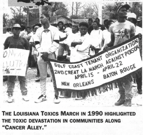 People in a Gulf Coast Tenant Organization march. Caption reads "The Louisiana Toxics March in 1990 highlighted the toxic devastation in communities along 'Cancer Alley.'"