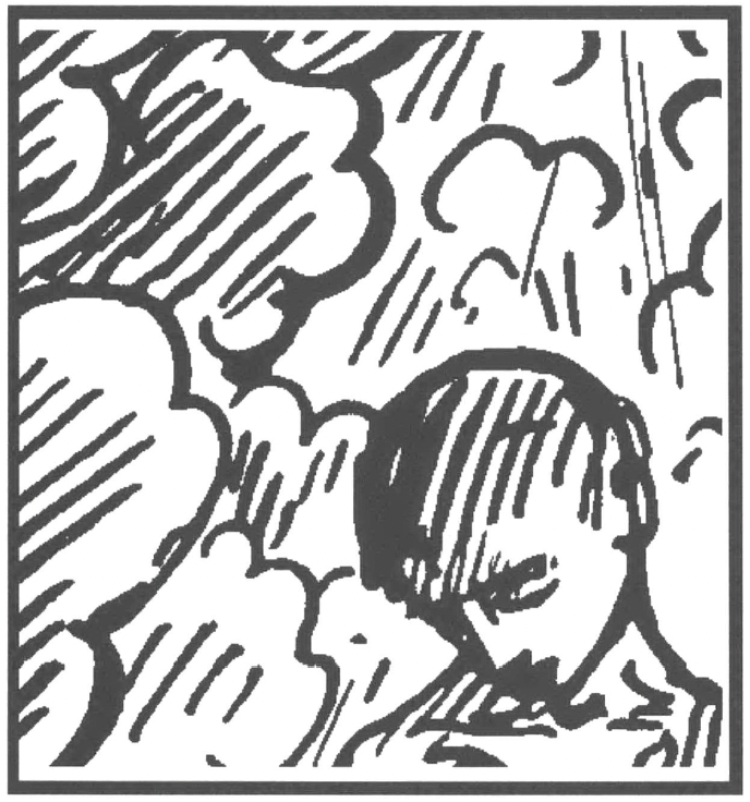Drawing of a head bent down background of clouds and rays falling down on them