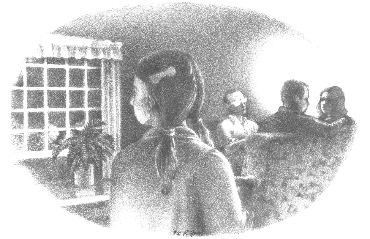 Drawing of young girl looking around in a room