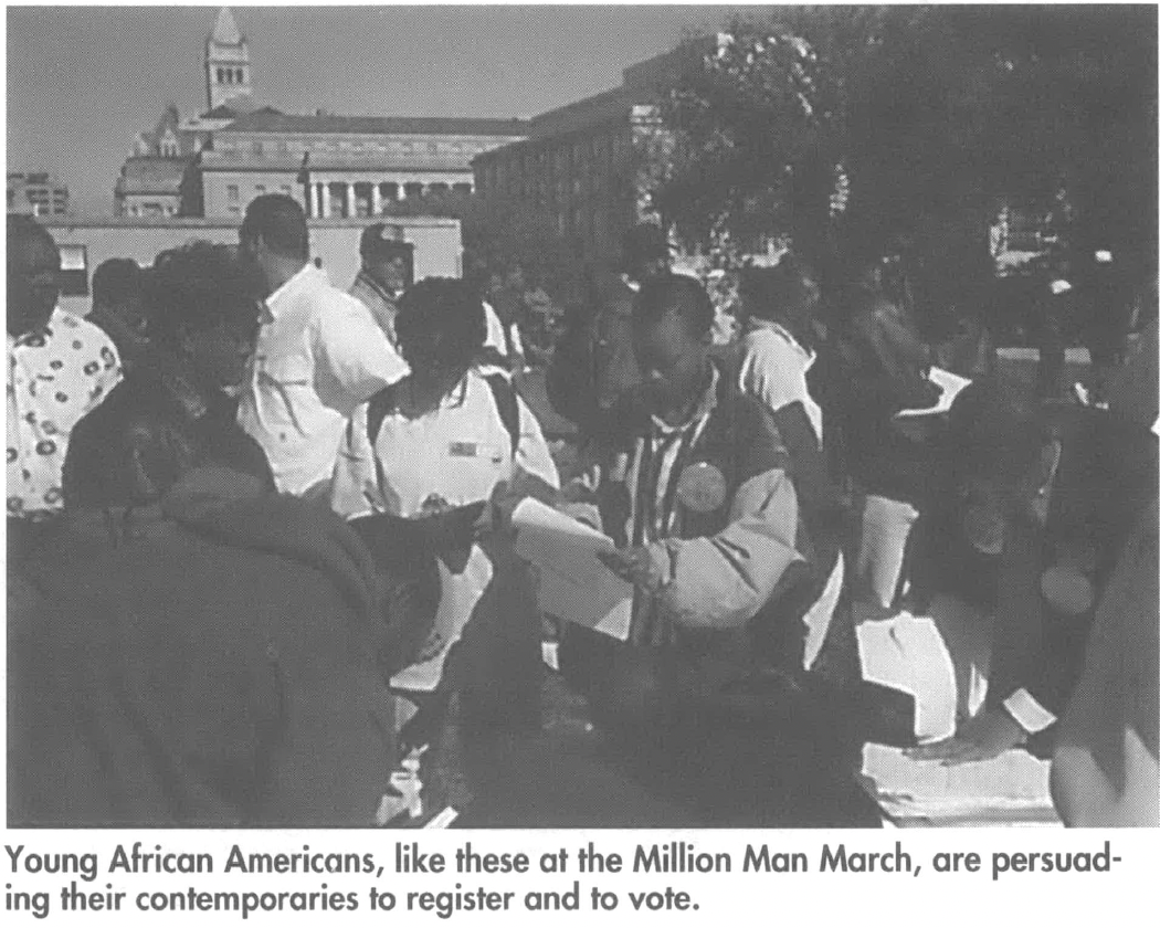 Young African Americans, like these at the Million Man March, are persuading their contemporaries to register to vote