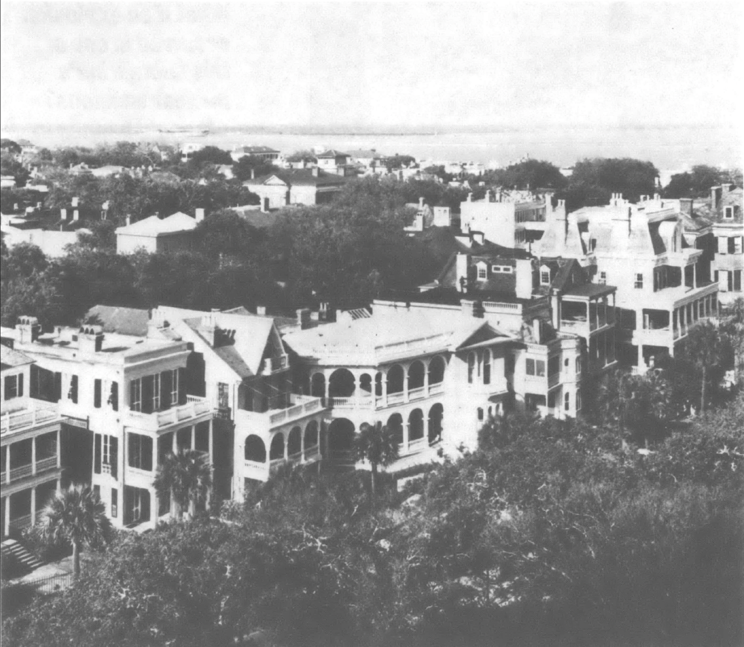 black and white aerial photograph of Charleston buildings