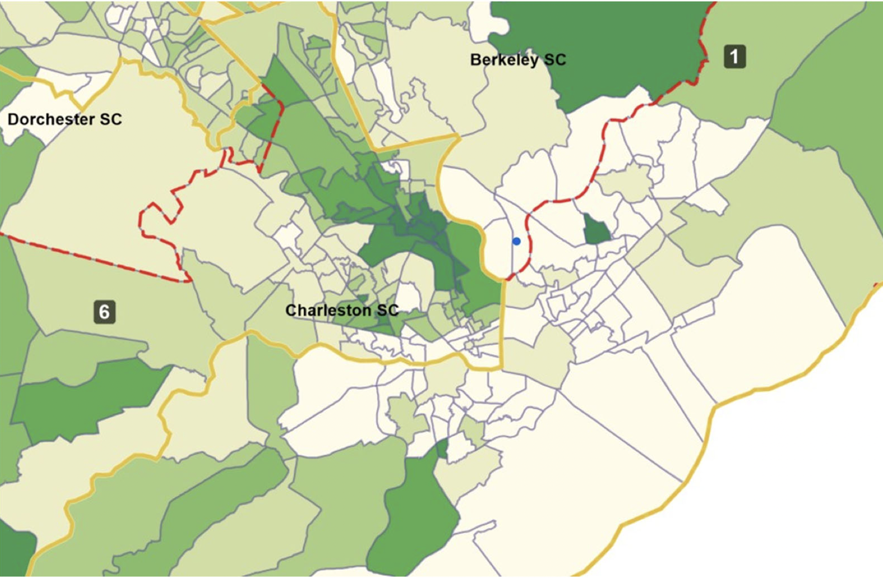 Map showing SC Congressional Districts 1 and 6