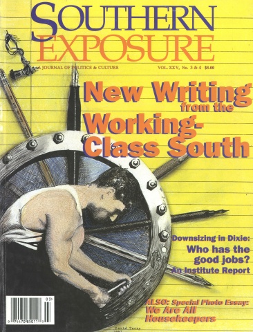 Magazine cover with background of notebook paper and visual of man working on metal wheel. Text reads "New Writing from the Working-Class South"
